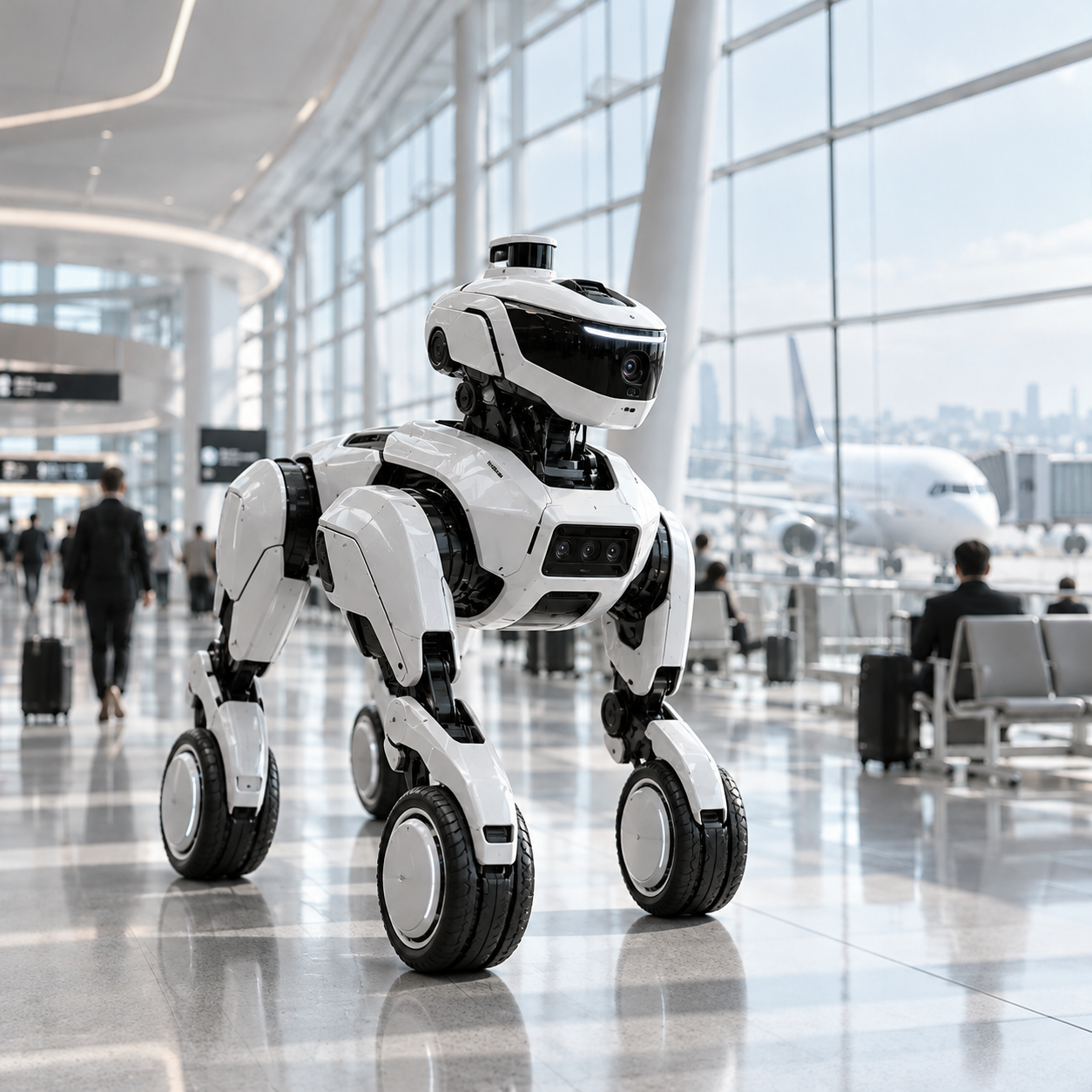 Concept image of a wheeled security robot patrolling an airport terminal